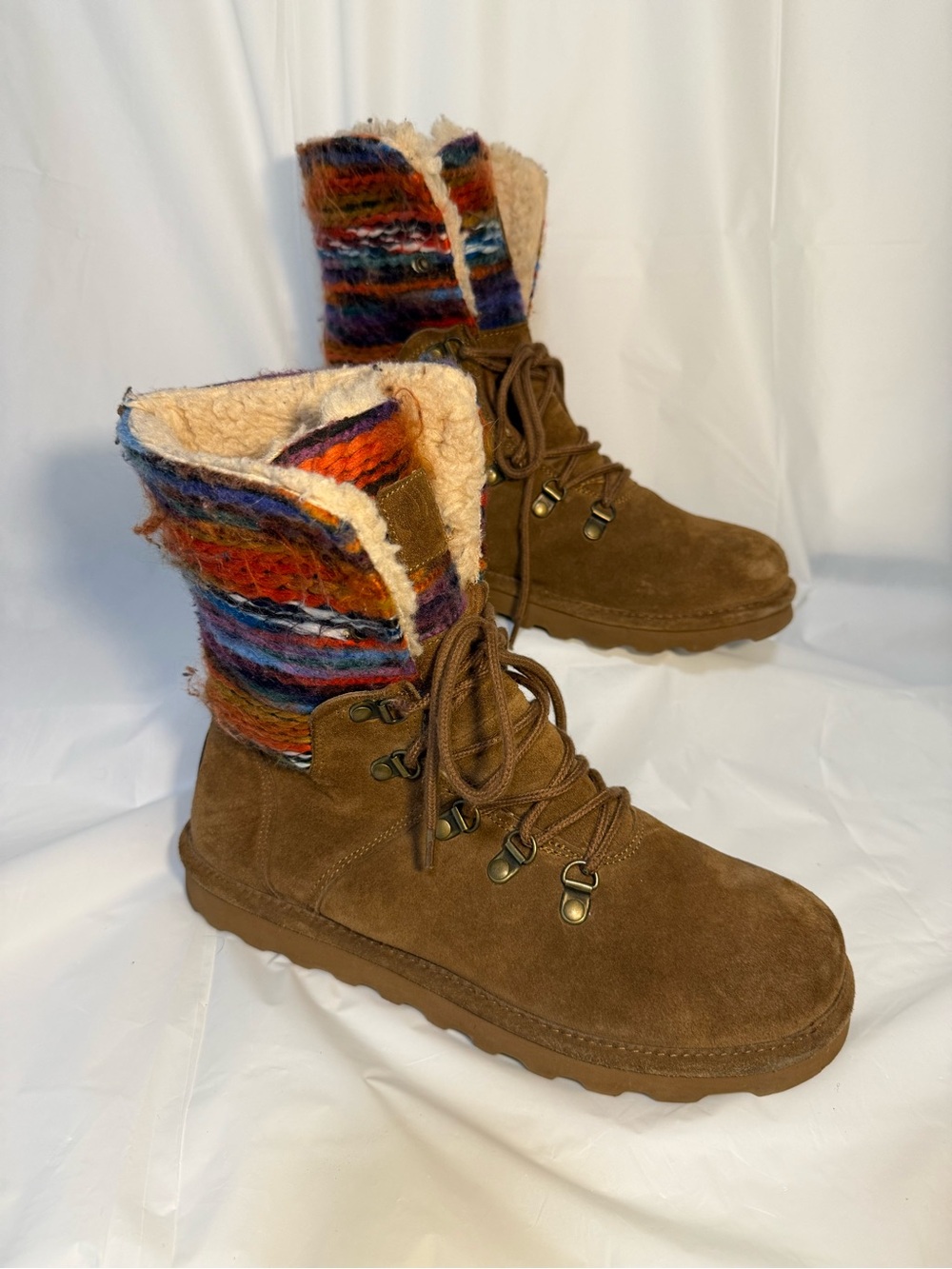 BearPaw Brown Suede Lace-Up Boots with Colorful Knit Cuff